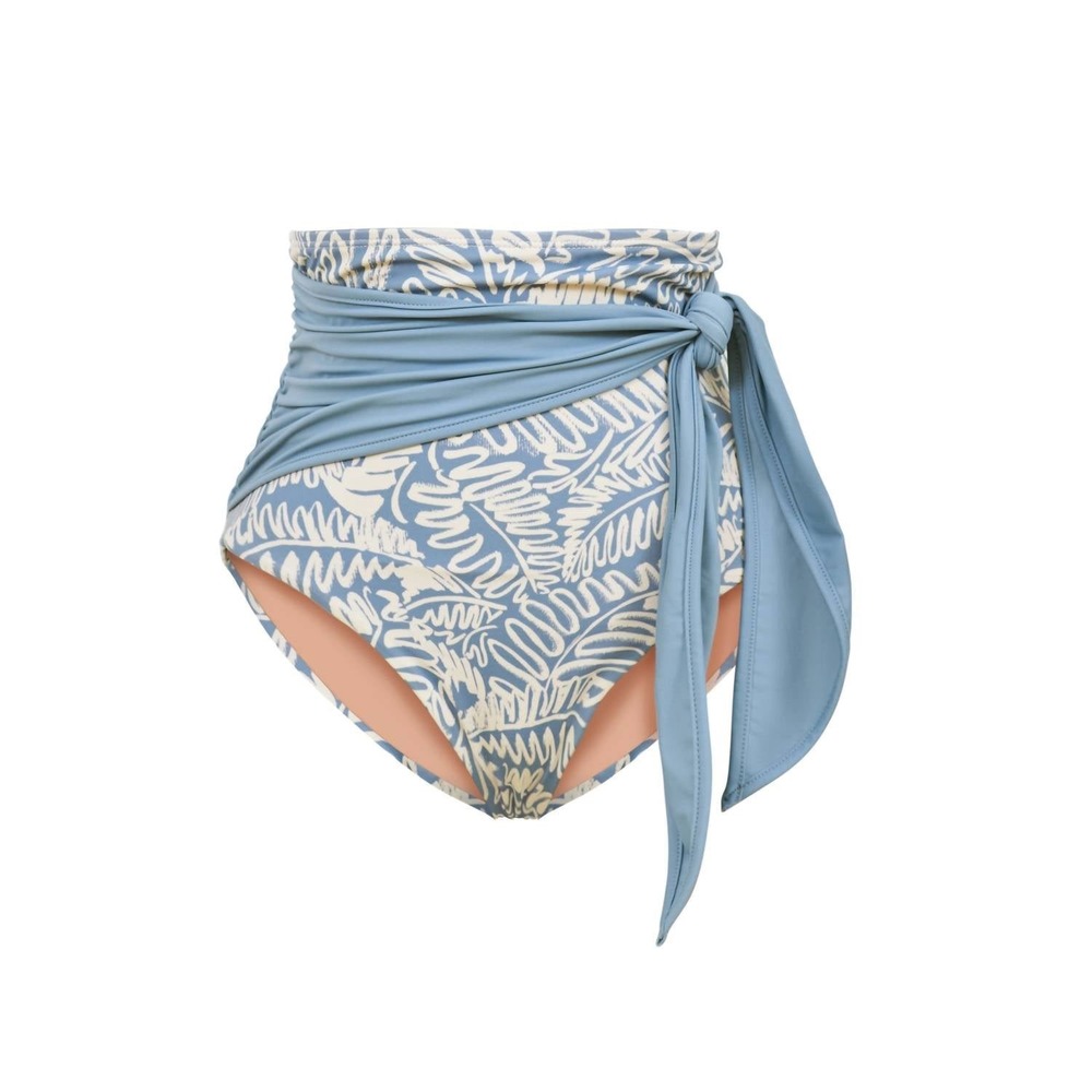 Hermoza Genevieve High Waist Sash Bikini Bottom Keep Palm Blue/Cream Size 8 NWT